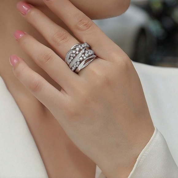 Jewelry - Luxury Multi-Row Pave Cubic Zirconia Wide Band Statement/Cocktail Ring